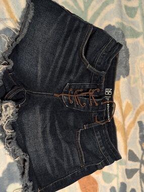 No Boundaries Dark Blue Denim Lace-Up Frayed Cutoff Shorts